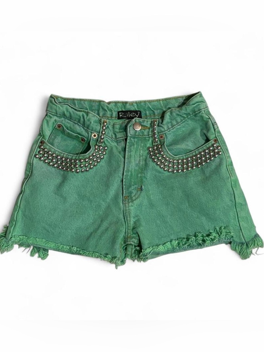 Vintage Jordache Riley upcycled LF Stores 2016 studded green dye denim shorts